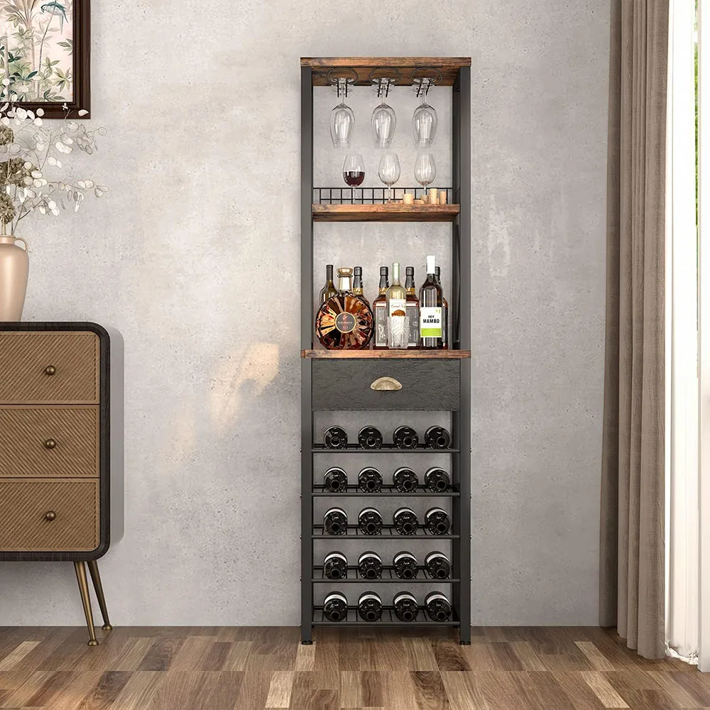 4-Tier Freestanding Wine Rack Bar Cabinet Topple Tabletop Glass Holder with Storage Drawer Wood Panel Style for Living Room supplier