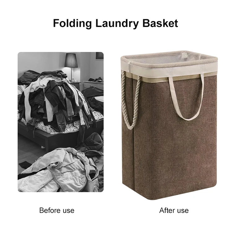 Folding Laundry Basket with Support Rods and Rope Handles Fabric Storage Basket Large Organizer Collapsible Dirty Clothes Hamper