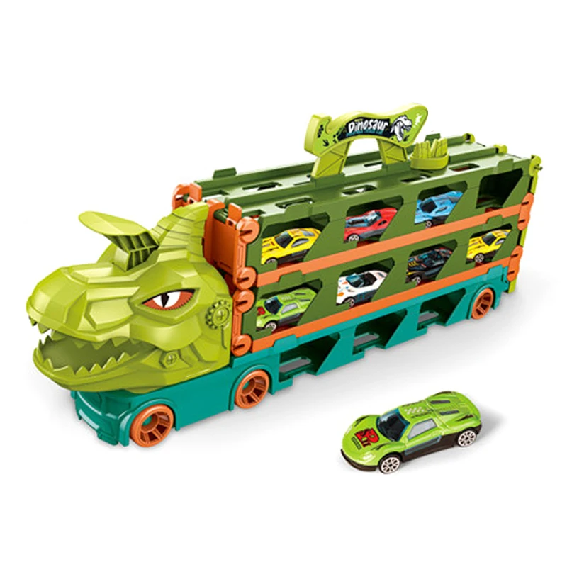 Dinosaur trucks trailers ejection race car parking rail car track toy for kids with 8pcs alloy car