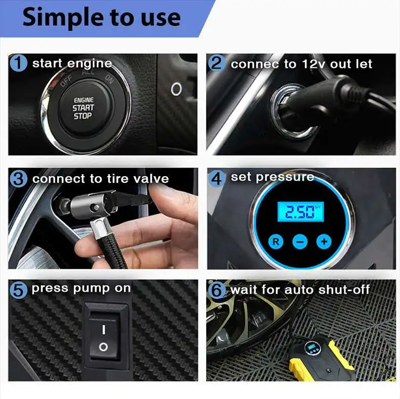 Smart car tire air pump with digital display portable auto electric 12V  tire inflator