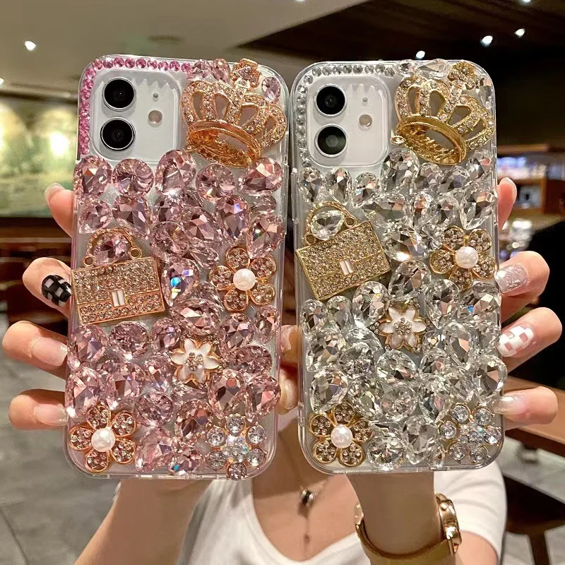 Luxury Women Bling Glitter Diamond Crystal Floral Purse Crown Phone Case For iPhone 15 Pro Max 14 13 Samsung S24 Ultra Note 20