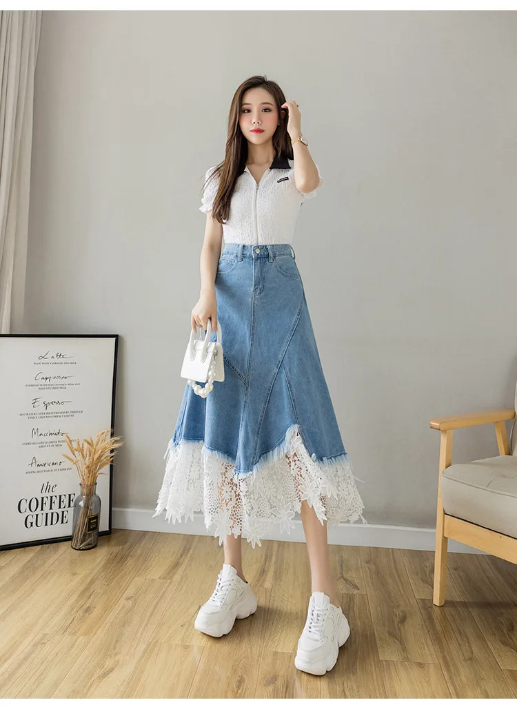 Real Shot A-line High-waisted Spring/autumn New Style Lace Chic Mid-length Umbrella Skirt Denim Washed Skirt Women Quick manufacture