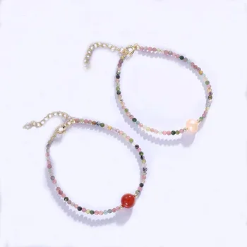 3mm Natural Tourmaline With Nanhong Agate Faceted Round Stone Beaded Bracelet Adjustable Sterling Silver Clasp Bracelets