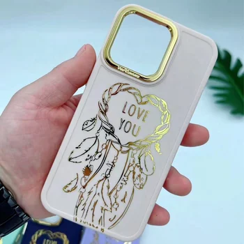 China supplier hot selling custom product stamping golden love heart stylish mobile phone case for iphone 15 14 13 12 11 pro max