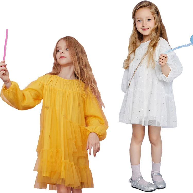 White and yellow children knee length casual summer dress simple design girls' dress