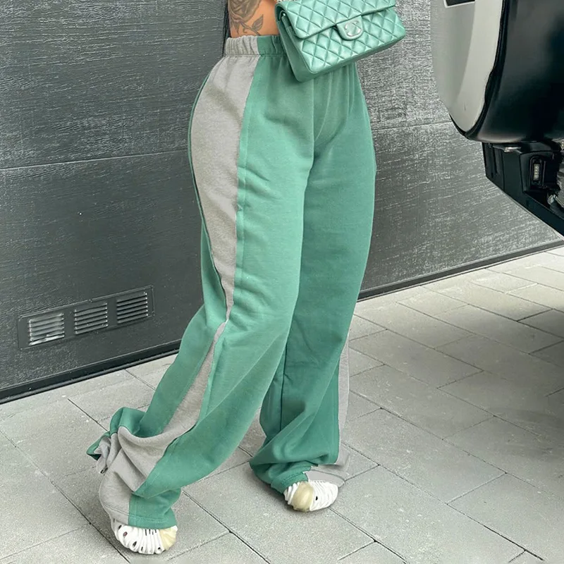 Women's Green Modern Wide Leg Flare Y2K SweatpantsAutumn Patchwork Flare Sweat Pants Men Pants for Ladies Sweat Pants details