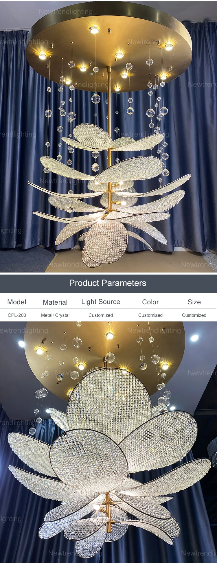 CPL-200 New Design Modern Indoor Metal Gold Bar Crystal Luxury Hanging Ceiling Chandelier Light manufacture