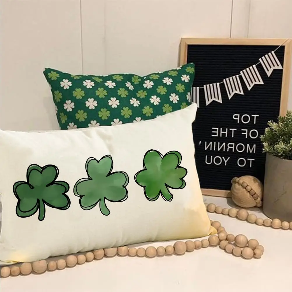 RABUSOFA St. Patrick's Day Decorative White Throw Pillows 12x20 Inch Lucky Clover Cushion Case Green Shamrock Sofa Decoration H6abb6654d4f045a6aeac7575d668a607H