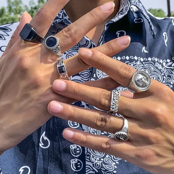 Retro distressed black enamel men's set ring personalized fashion English letter skull ring