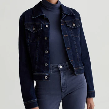 OEM/ODM Custom Dark Indigo Shade Wash Women's Slim Vintage Jean Jacket in Pure Cotton -  Flap Pockets, Contrast Stitching