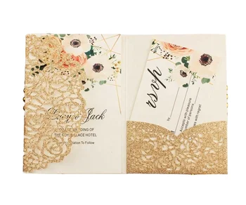 Elegant rose Gold glitter pocket envelope wedding invitation card Laser Cut trifold invitations greeting gift Cards party Decor
