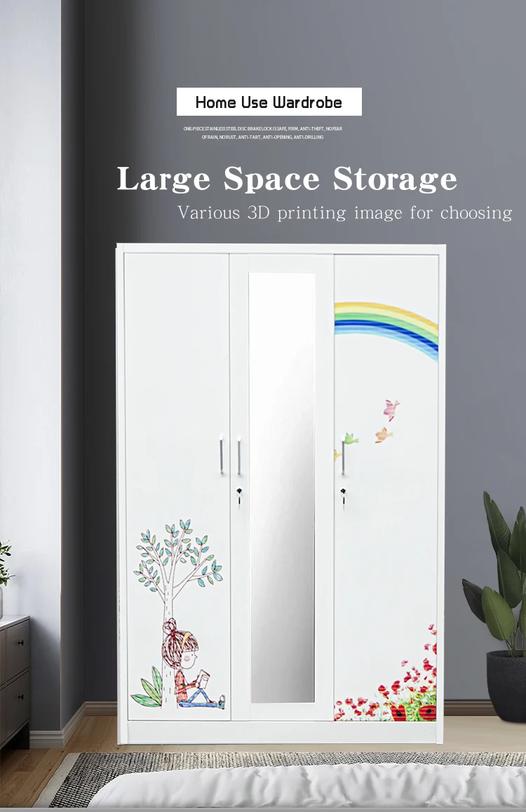 Metal Home Wardrobe 3-Door Steel Storage Cabinet with Flower Print Living Room Bedroom Furniture Closet Almirah Clothes Items