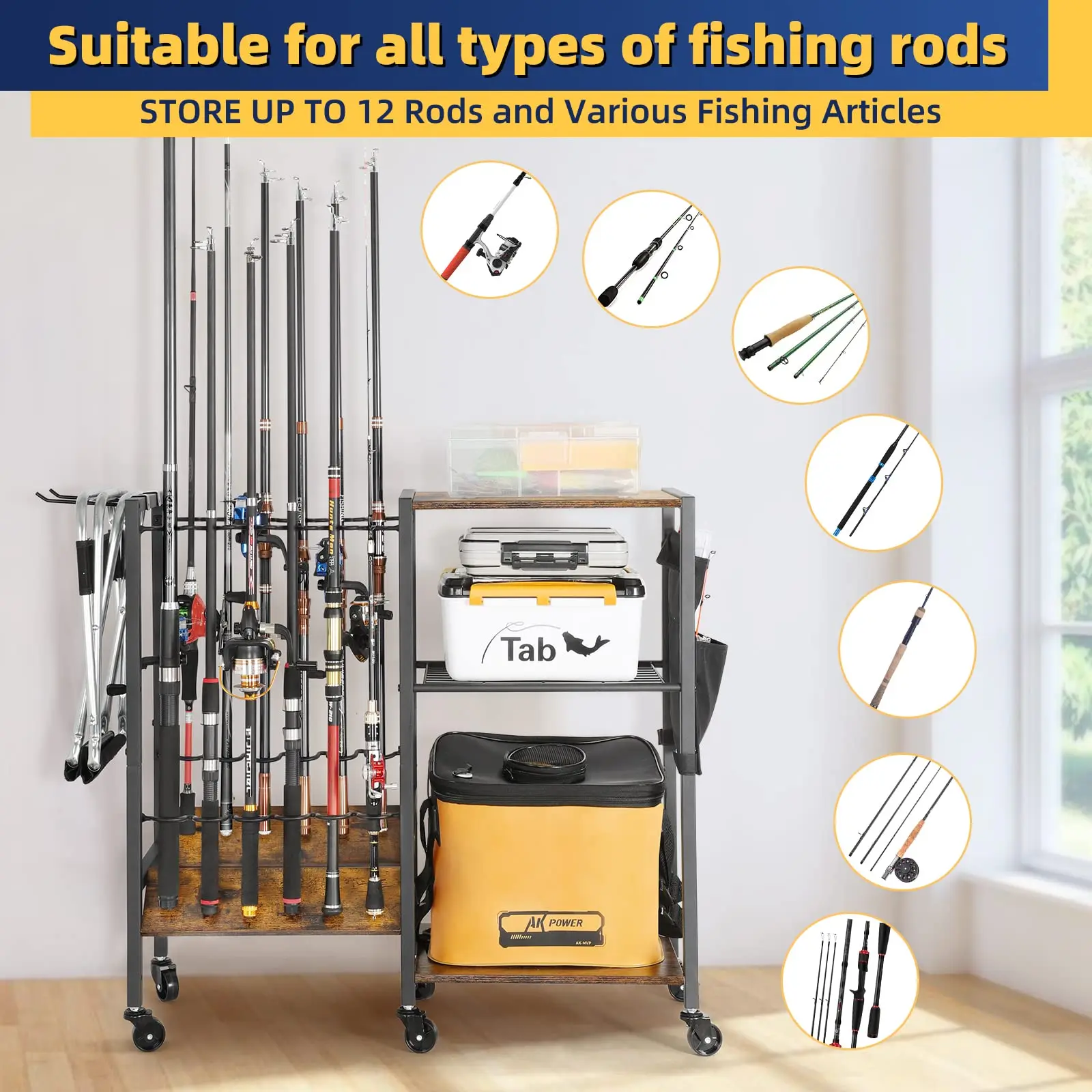 Garage Home Entryway Corner Fishing Rod Holders 12 Rods Fishing Tackle Cart Fishing Rod Holders
