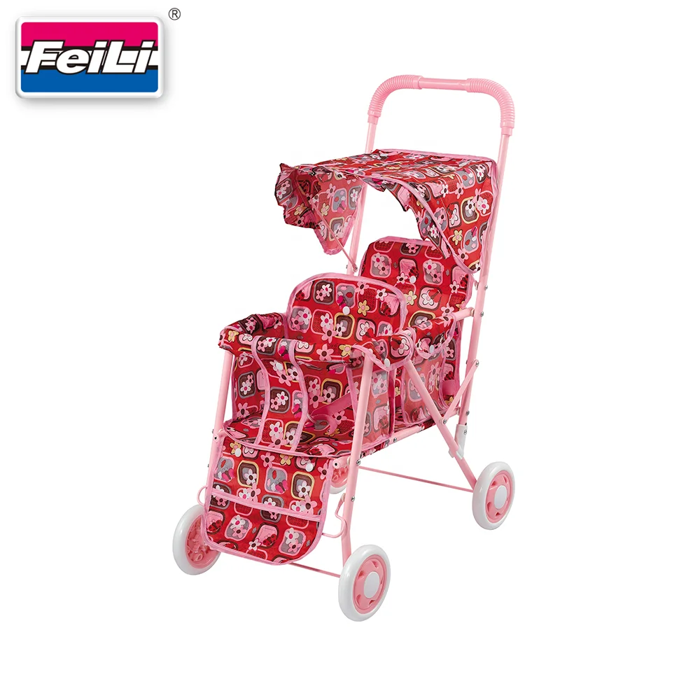 Twin Dolls Double Pram Pushchair Retractable Twin Hoods with Shopping Baskets 