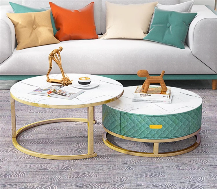 Modern Living Room Furniture Storage Tea Table Gold Metal Frame Center Sofa Round Marble Coffee Table