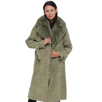 Over size shape women' s pig suede split leather coat with big real fox fur collar