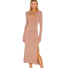 Knitted Dresses Long Sleeve Hollow Out Twisted Bodycon Casual Slit Knitted Midi Dresses Women