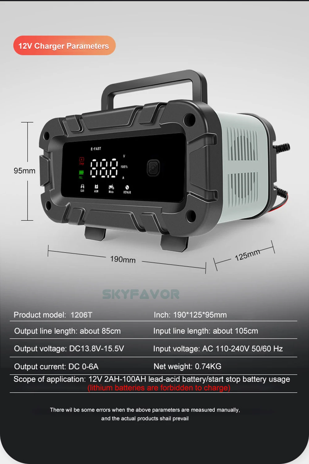 High quality 12V car battery charger 12V 6A full stop automatic 12 volt 6 amp heavy duty truck motorcycle car battery charger