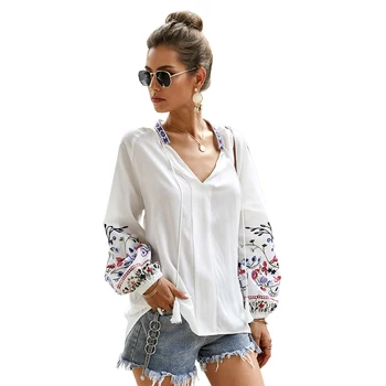 style Women's Summer Casual Embroidered Blouse Short Sleeve Tops Mustard fabric with all white embroidery blouse mexican style