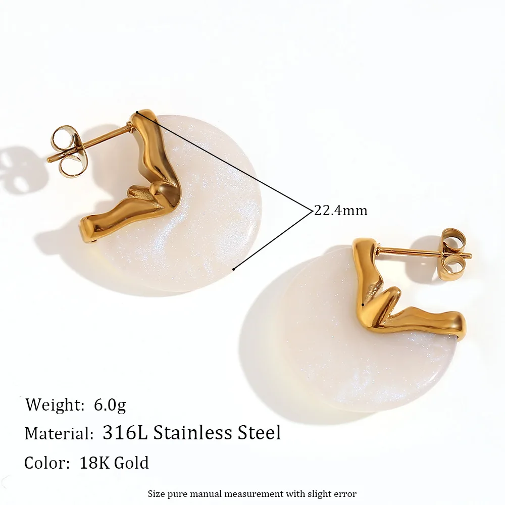 Hip Hop Stainless Steel Gold plated round white jade earrings gold for woman