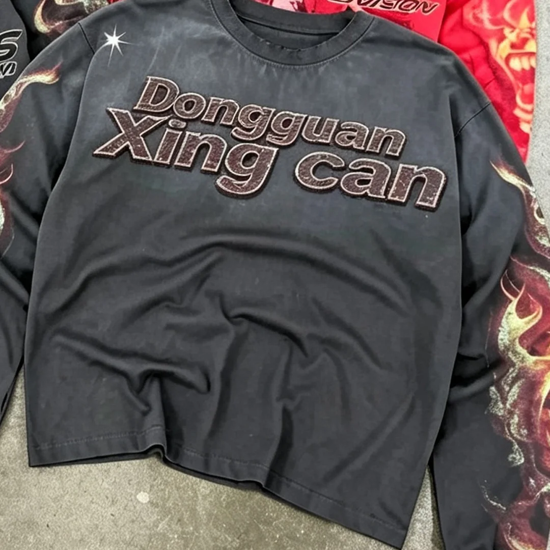 product custom men vintage washed distressed anime all over print cropped long sleeve t shirt dtg print oversized high street tee odm728-3