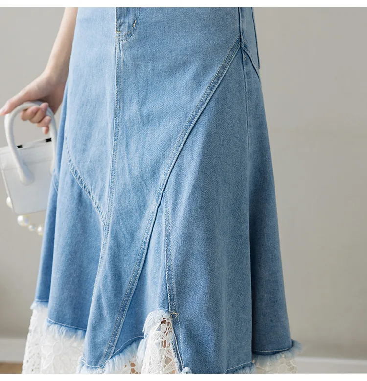 Real Shot A-line High-waisted Spring/autumn New Style Lace Chic Mid-length Umbrella Skirt Denim Washed Skirt Women Quick details