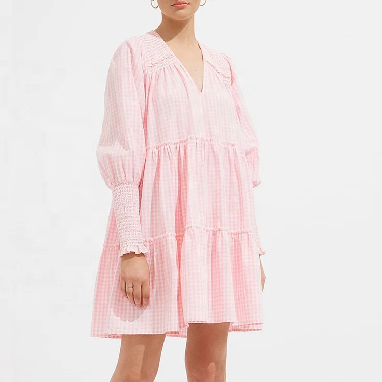 Top Quality Pink Dress Plaid Shirt Dress Womens Oversized Fit Gingham Linen Cotton Smock Mini Dress.jpg