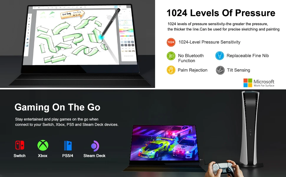 Sibolan 15.6 Inch 4K Portable Monitor 60Hz Refresh Rate Touch Screen with OEM PS5 Stylus Pen Gaming Monitors 7