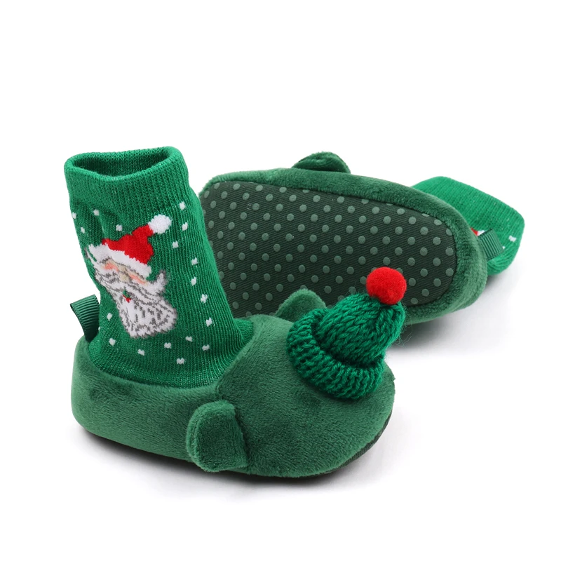 Christmas Solid Color Warm Cartoon Santa Snowflake and Fuzzy Woolly Hat Baby Warm Soft Soled Socks Shoes supplier