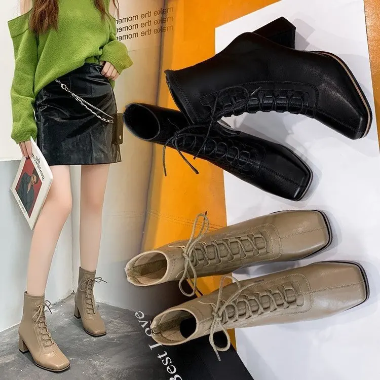 Fashion Winter Cross Strap Women Ankle Boots High Heel Shoes Woman Zipper Office Lady Street Footwear
