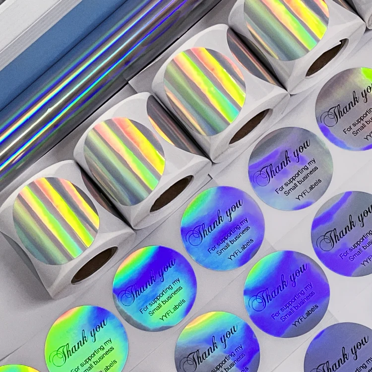 Holographic silver shipping labels sticker roll printable waterproof rainbbow round circle direct thermal label