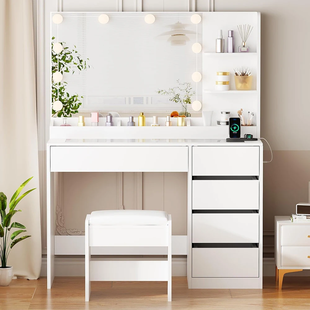 Small Modern 35.4\" Vanity Table Set Lighted Mirror Power Outlet 5 Drawers Shelves 3 Lighting Colors Makeup Vanity Desk Glass supplier