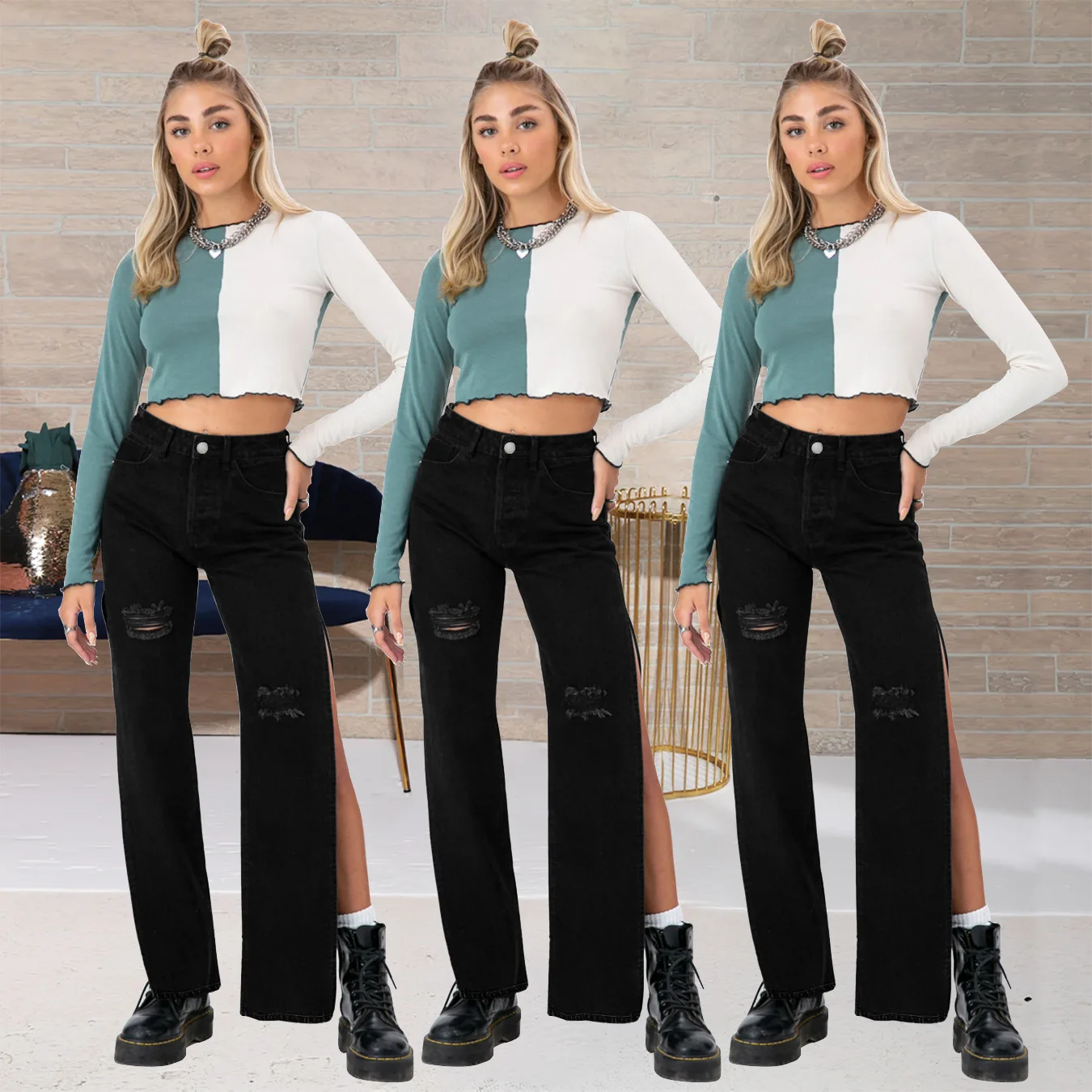 Women's High-End Euro-American Stretch Slim Cut Jeans Casual Mid Waist Solid Color Denim Trousers Straight Style details