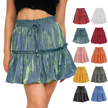 Satin Short Skirt Women shinny Polka Dot Pleated Mini Skirt with Drawstring