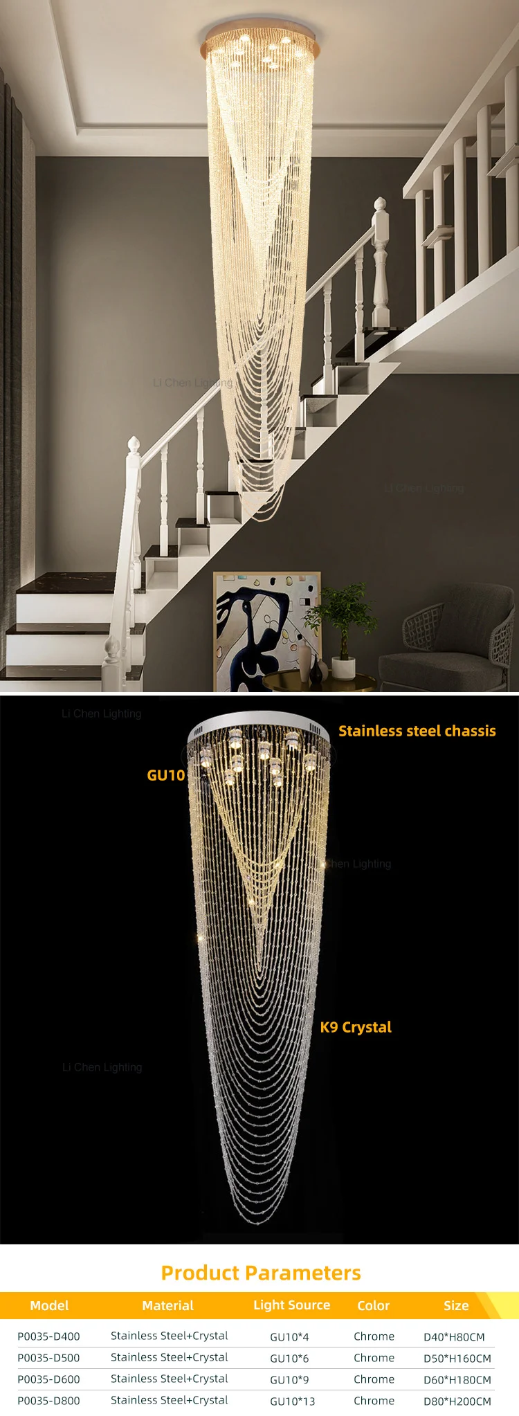 p0035 luxury style indoor decoration hotel villa staircase long led classic crystal chandelier light -0