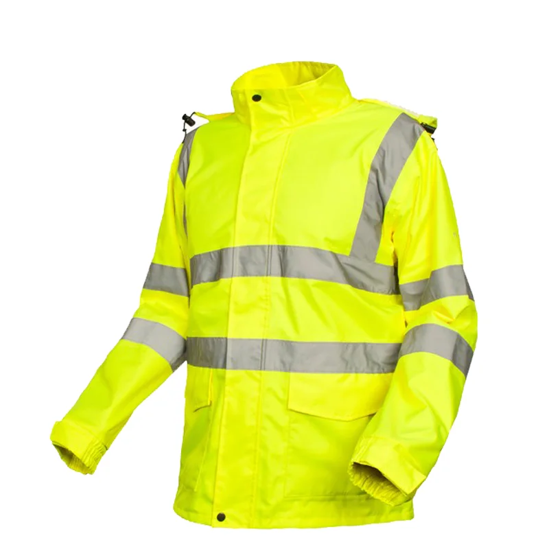 Wholesale High Visibility Waterproof Jacket Roadway Security Raincoat With Reflective Strips and Pockets