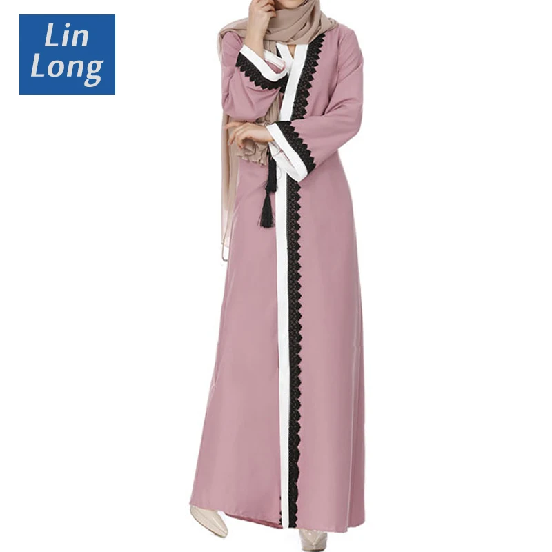 Duba Muslim Maxi Dress Pink Lace Open 