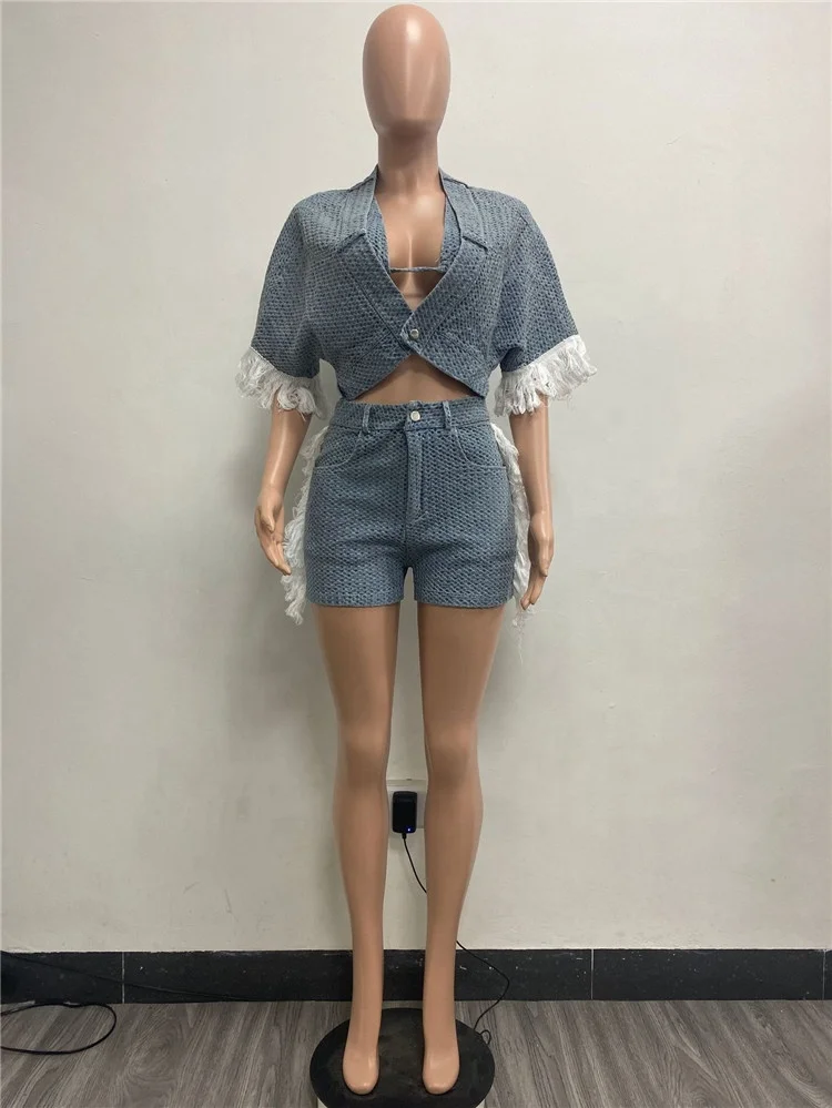 Tassel Jeans 3 Piece Sets Women Lace Up Bra Turn Down Collar Short Sleeve Single Button Jacket Crop Top Shorts Summer Denim Suit