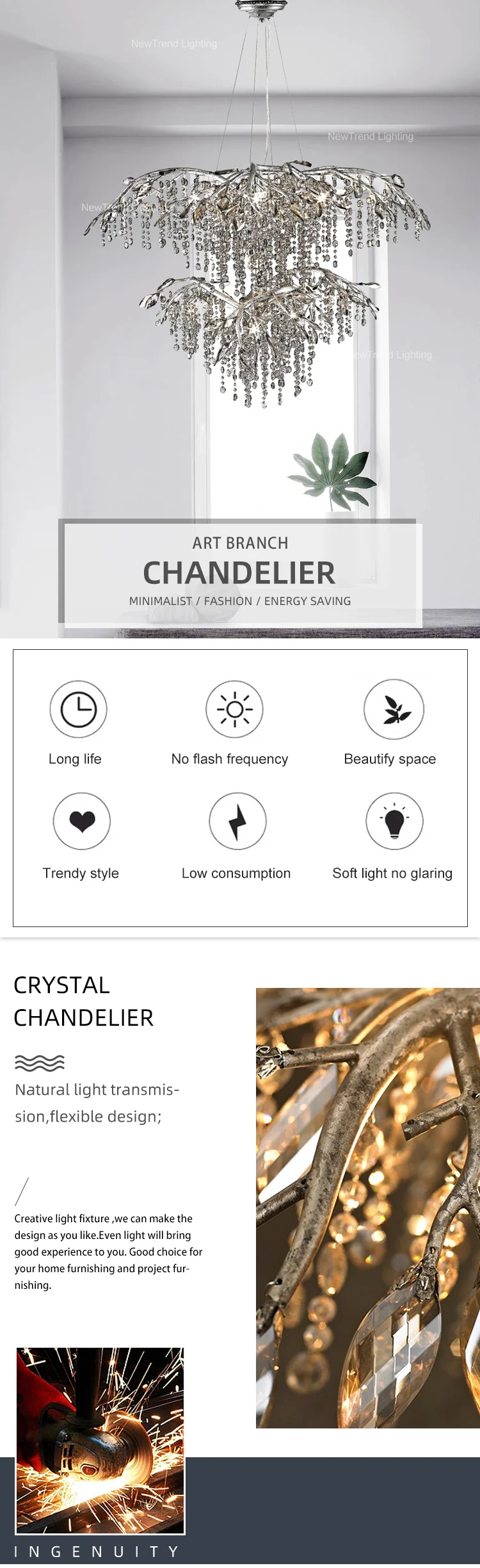 CPL-168 Modern Design Indoor Decoration Hotel Room Shop Villa Custom Crystal branch LED Chandelier Light manufacture