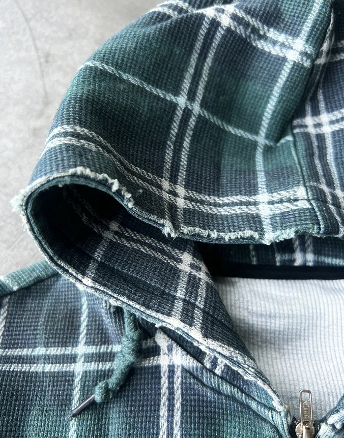 Custom Logo Plaid Flannel Waffle Knit Hooded Jacket Embroidery Double Layer Faded Zip up Acid Wash Distressed Hoodies for Men factory