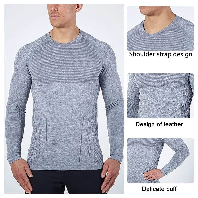 New Design Wholesale Fitness Elastic Mens GymT-Shirt O-Neck Seamless Venting Long Sleeve Men Top For Male  Fitness Tshirt