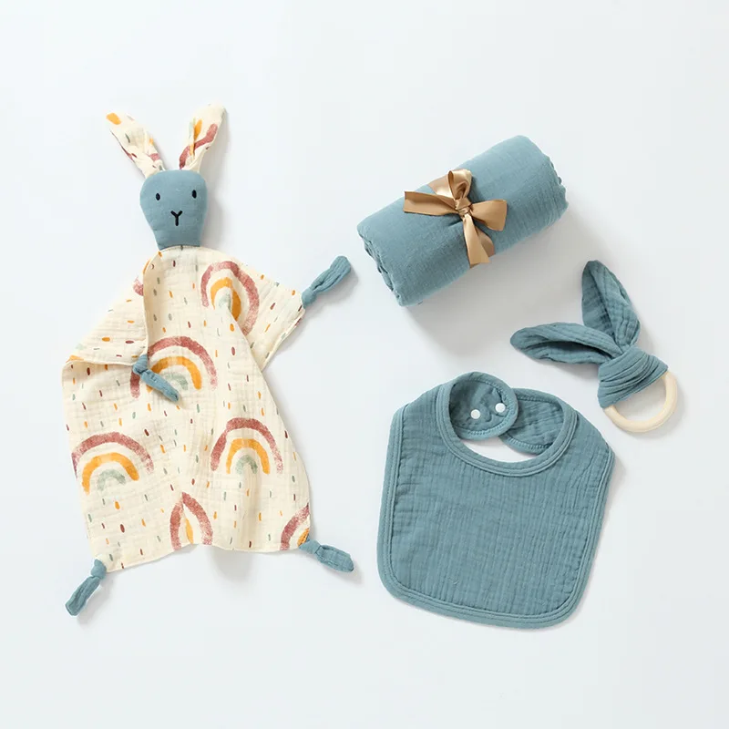 Newborn Baby Gift Set 4Pcs Baby Lovely Muslin Blanket Baby Bibs Wooden Teether Gift Set Newborn Essentials Set