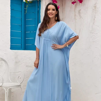 Women Solid color Swimwear Cover Up Sexy V Neck Side 100% Rayon Beach Caftans Lounge loose Type Dresses