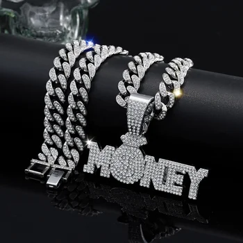 Fashion Necklaces 2024 Hip Hop Jewellery Rhinestone Cuban Link Chain Necklace Crystal Bag Dollar Money Pendant for Unisex