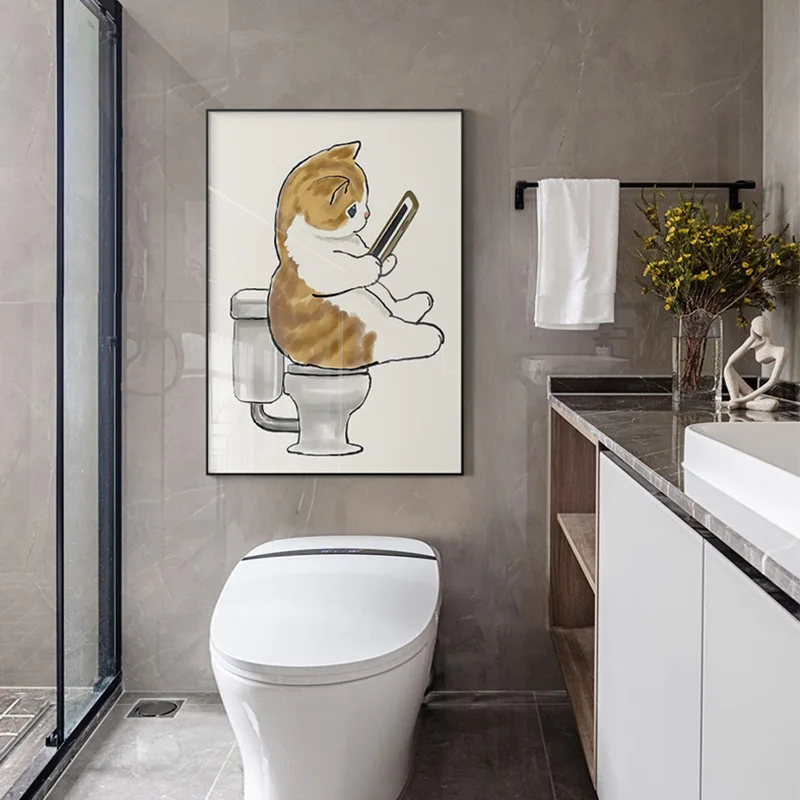 Funny Cat Bathroom Wall Art Canvas Print Orange Tabby Cat Using Phone Toilet Cute Humorous Minimalist Neutral Home Decor
