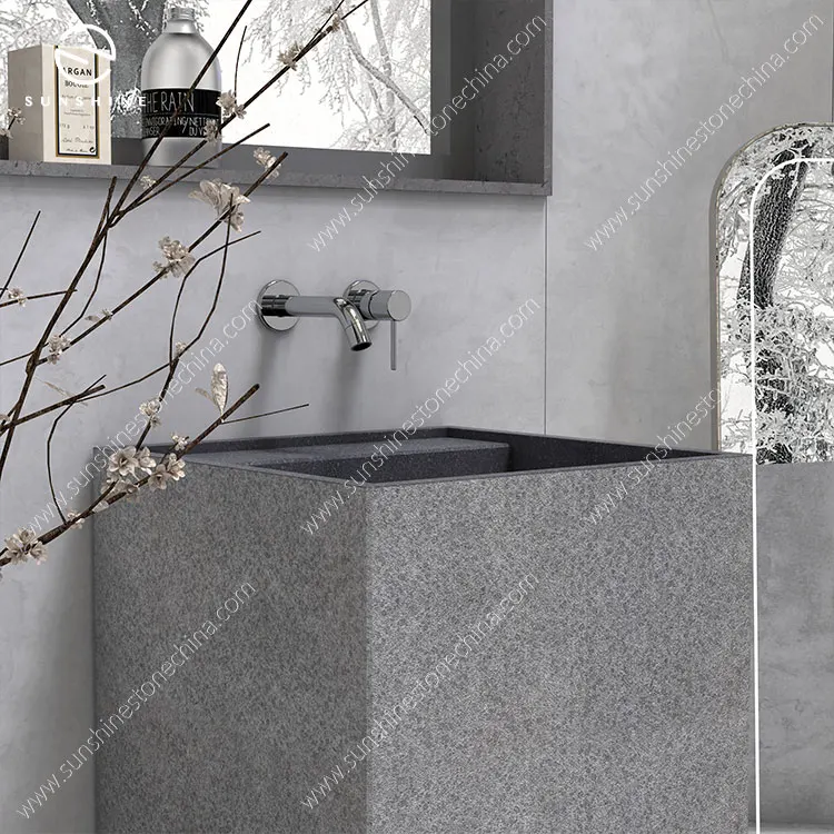 Custom Size Shanxi Black Granite Free Standing Sink Square Stone Pedestal Sinks