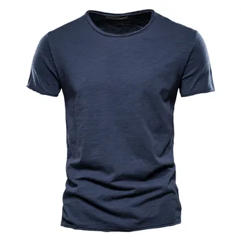 2022 new solid color short-sleeved men's slim slub cotton = Korean fashion casual men's T-shirt