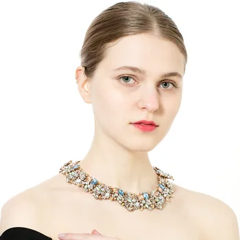 Vintage Gold Tone Chain Multi-Color Glass Crystal Collar Choker Statement Bib Necklace for Women