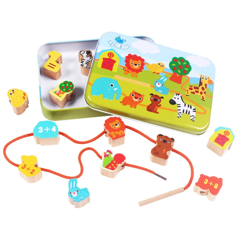 Cartoon Animals Fruit Block Wooden Toys Stringing Threading Beads Game Educational Toy For Children