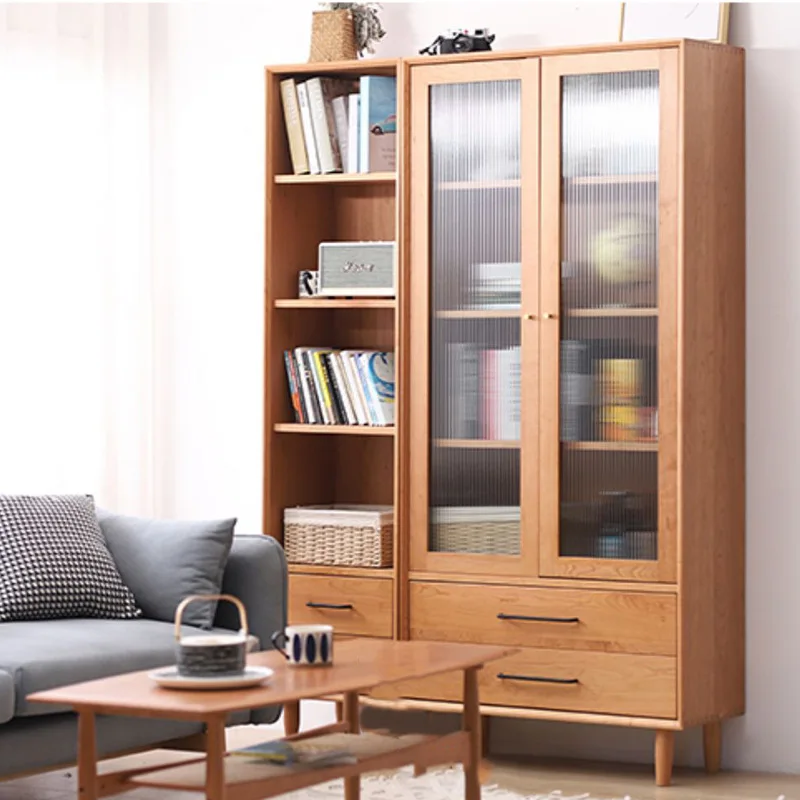 Nordic solid wood bookcase with door glass bookcase floor-to-ceiling storage cabinet Cherry Japanese log simple shoe cabinet